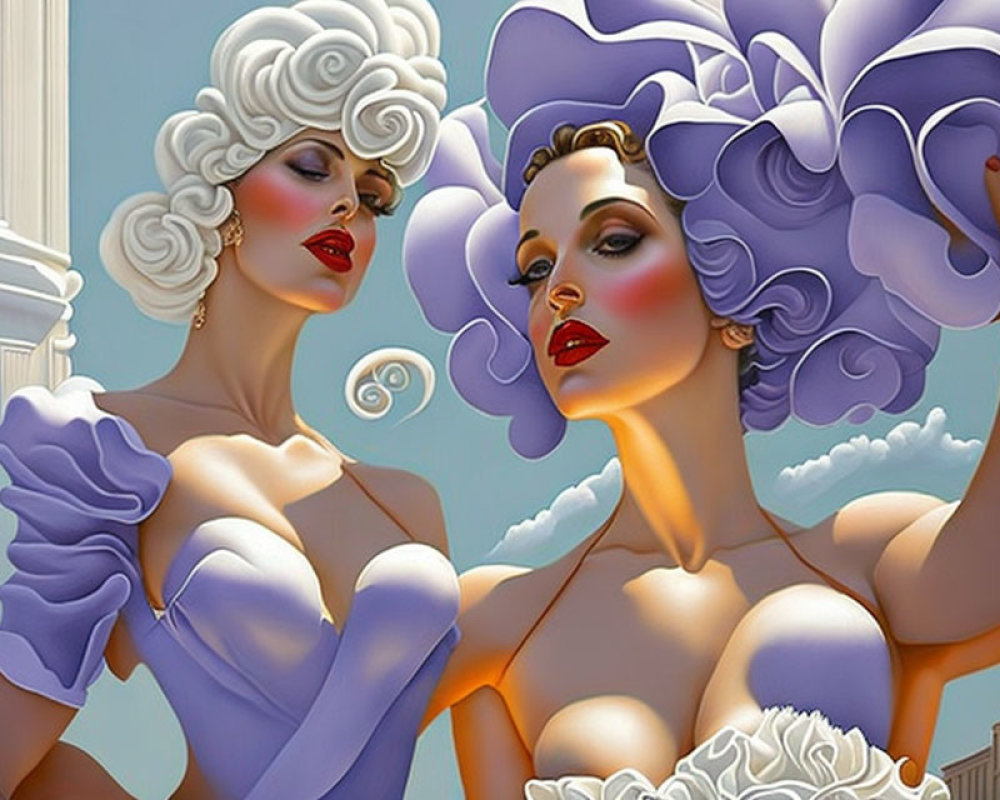 Stylized glamorous female figures with cloud-like hairstyles against cityscape