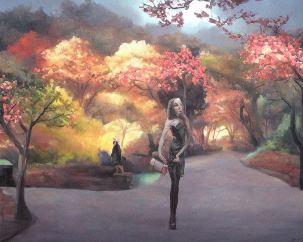 Woman standing on autumn pathway with colorful trees and seated figure under gloomy sky