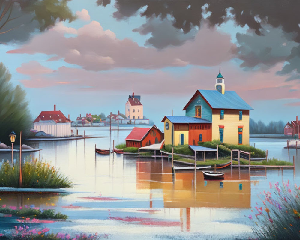 Colorful lakeside scene with house, church, boats, and pastel sky