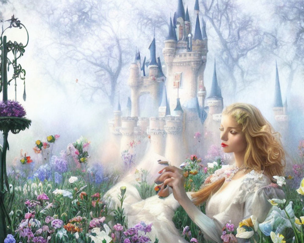 Woman in White Dress Surrounded by Flowers and Castle in Magical Setting