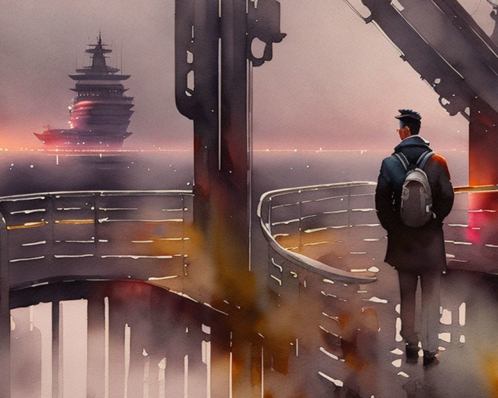 Person on Bridge Watching Illuminated Ship in Misty, Red Sky