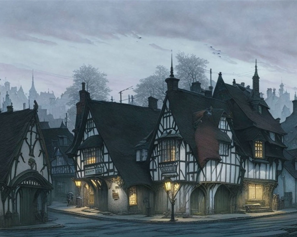 Twilight scene of cobblestone street with half-timbered houses and glowing streetlamps