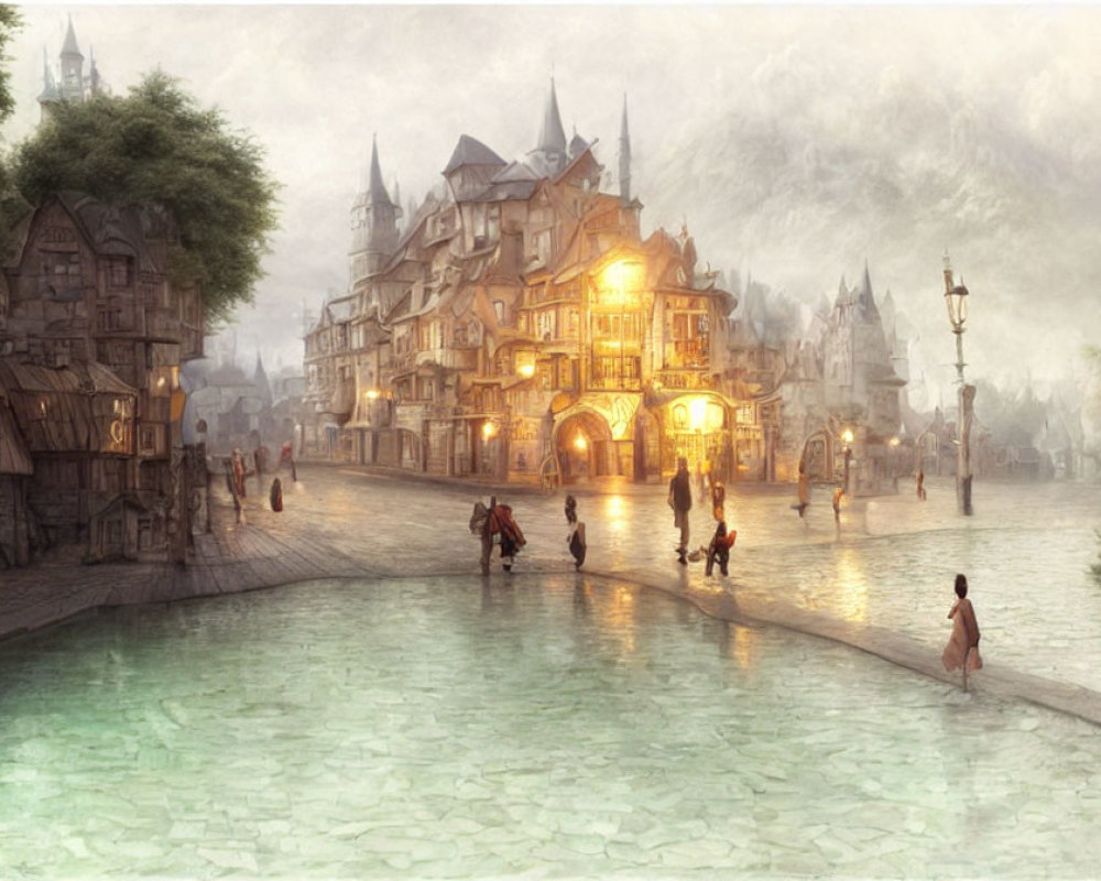 Fantasy town square at dusk with warm light, villagers, waterway, and ethereal mist