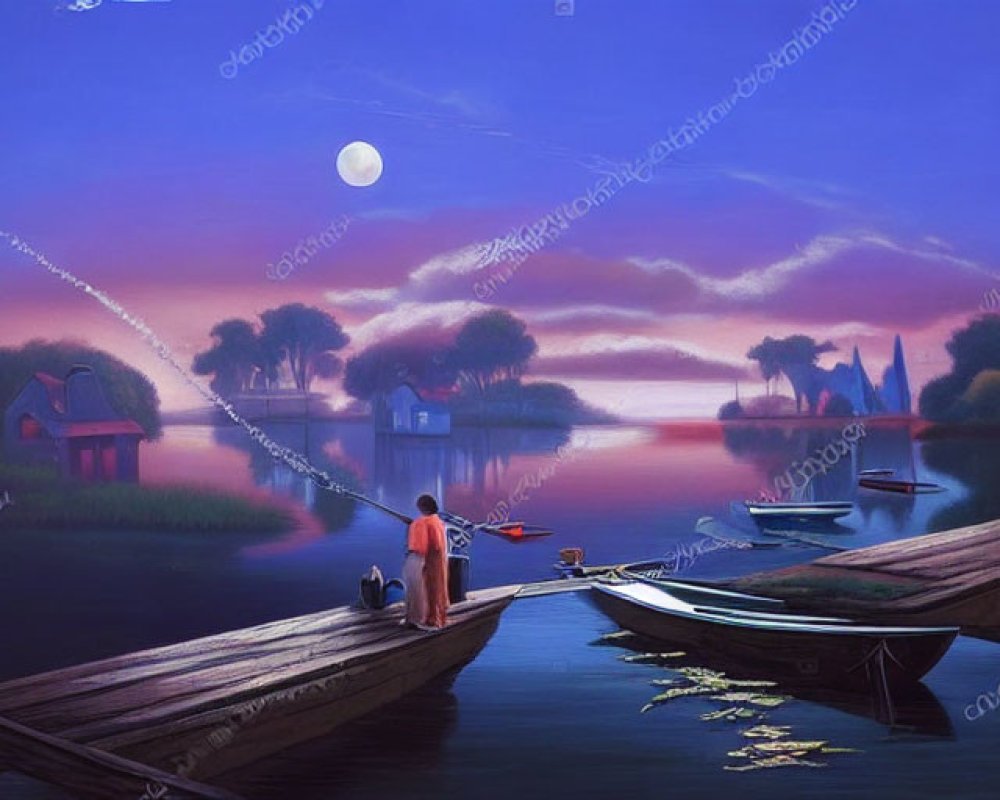 Serene twilight lake scene with person on dock, moored boats, moonlit sky