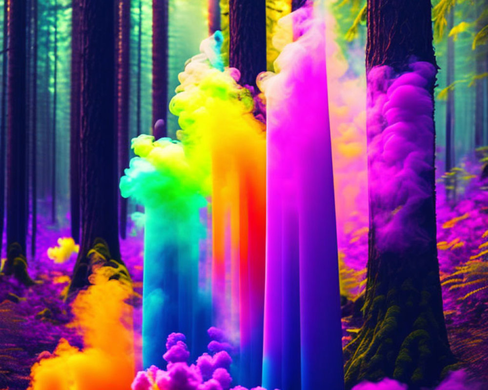 Colorful Smoke Emitting Trees in Vibrant Forest Scene