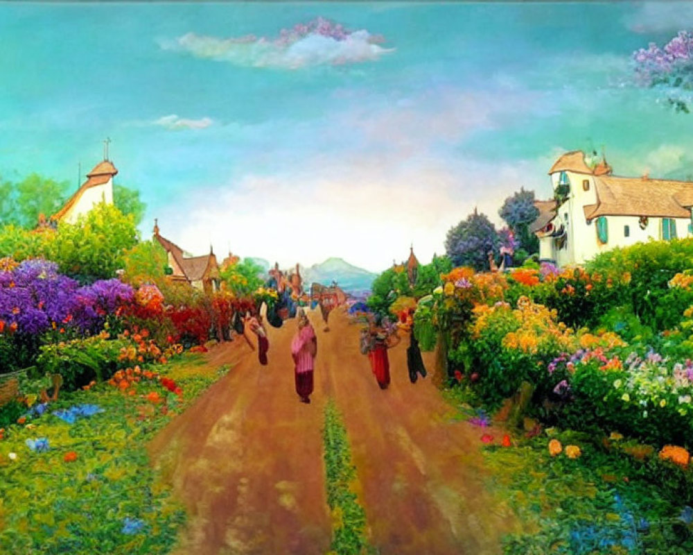 Colorful painting of a bustling village street with people in period clothing