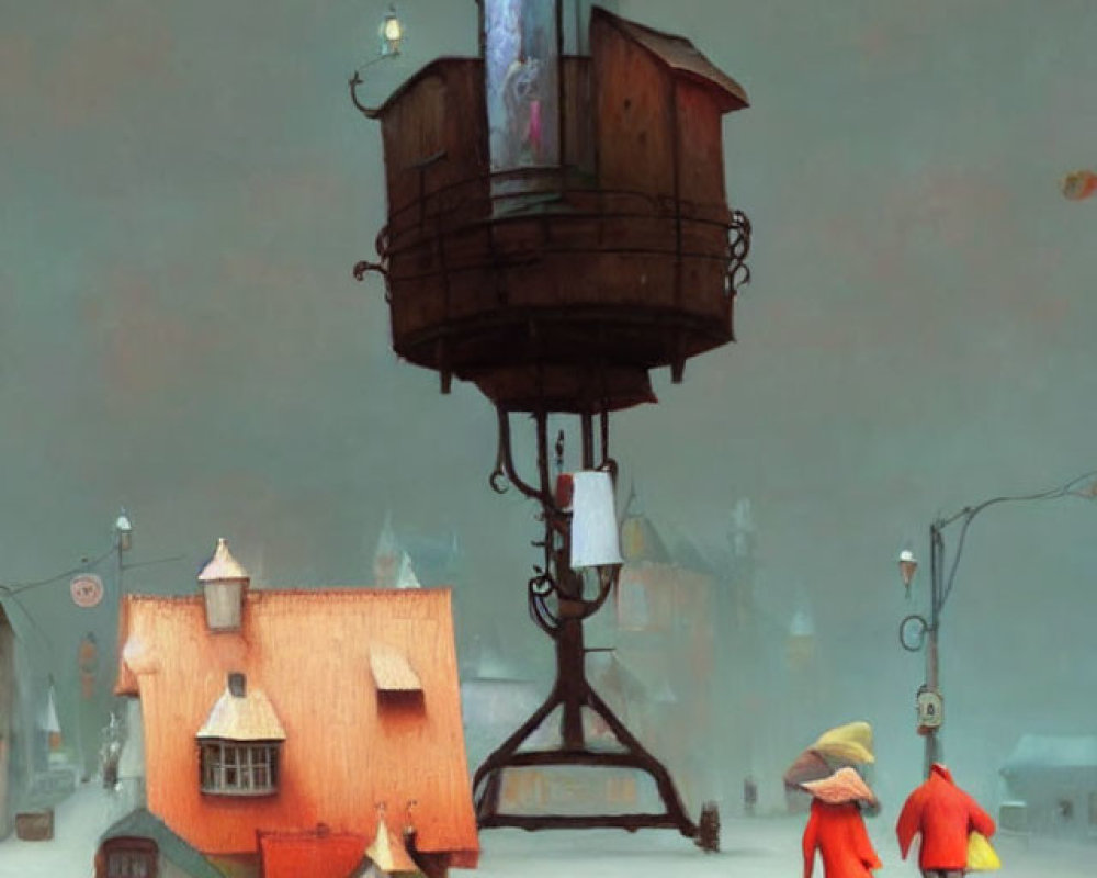 Whimsical painting of town with elevated booth, small houses, and figures in red cloaks under