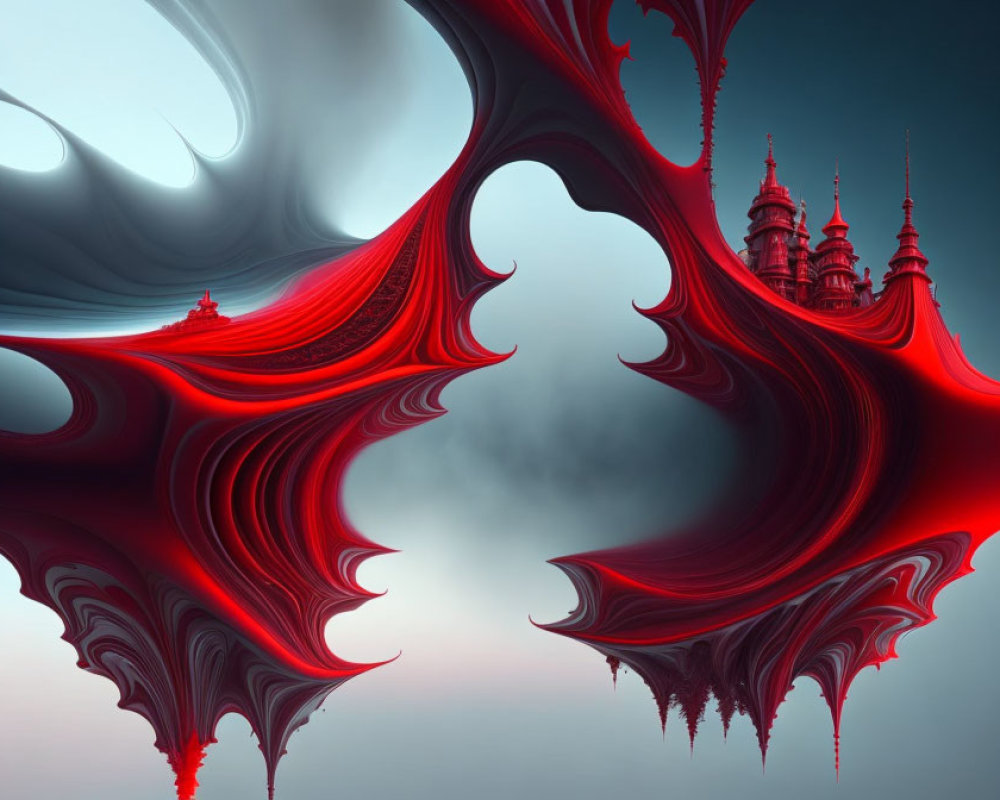 Surreal fractal art with red and gray patterns and crimson castle