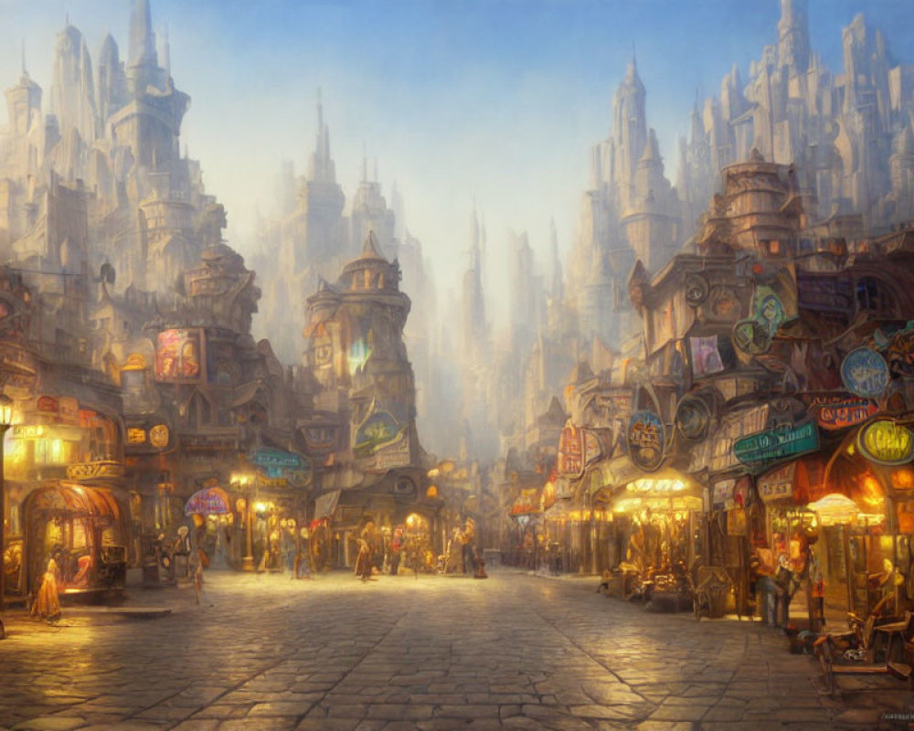 Fantasy Medieval City Street with Shop Signs and Castle