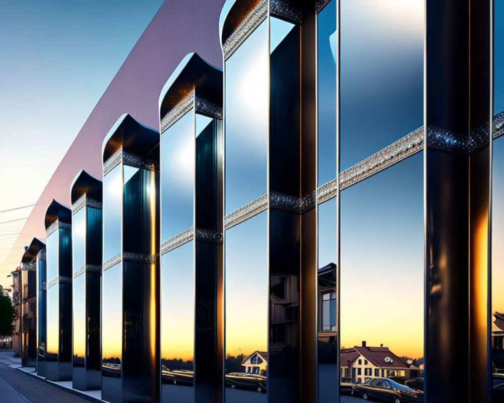 Reflective glass building at dusk with sunset and street scene