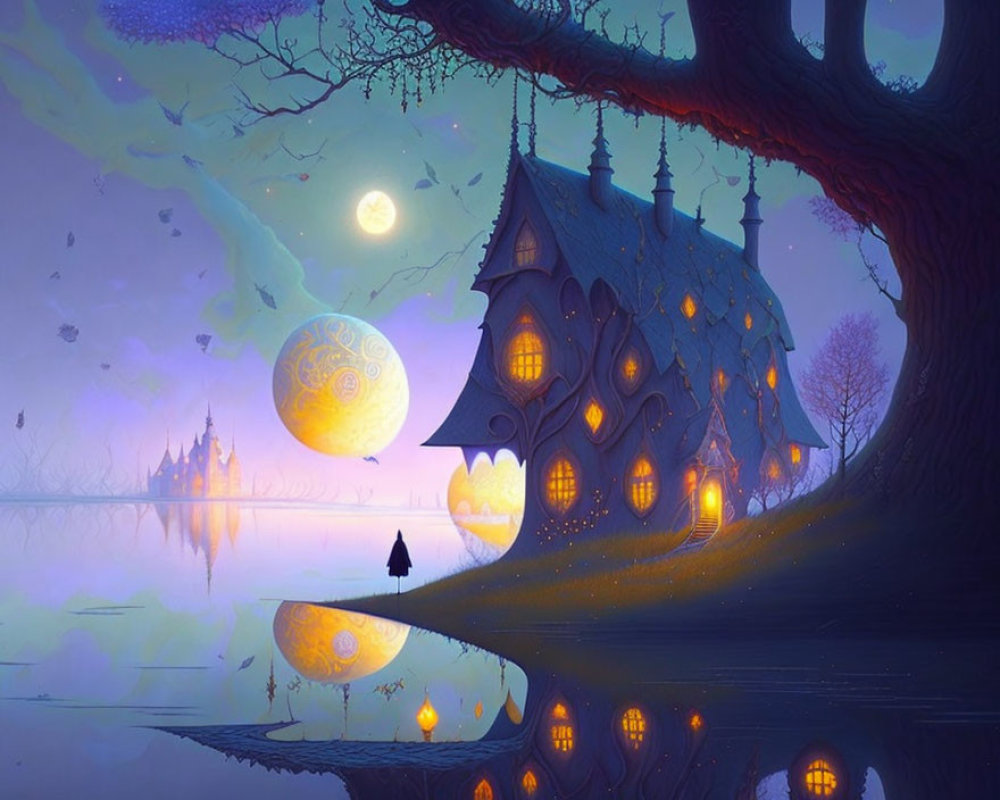 Twilight scene with person by reflective lake and fantastical treehouse under two moons