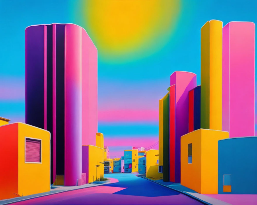 Colorful Surreal Street Scene with Exaggerated Sun and Gradient Sky