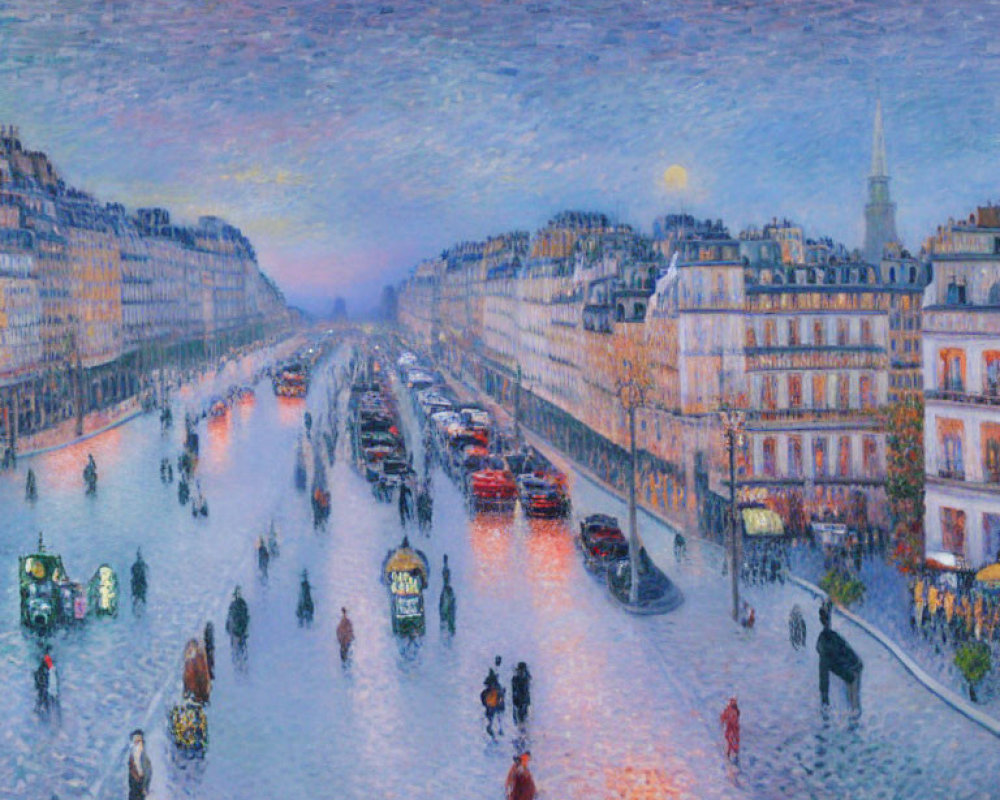 Impressionistic painting of bustling city street at dusk