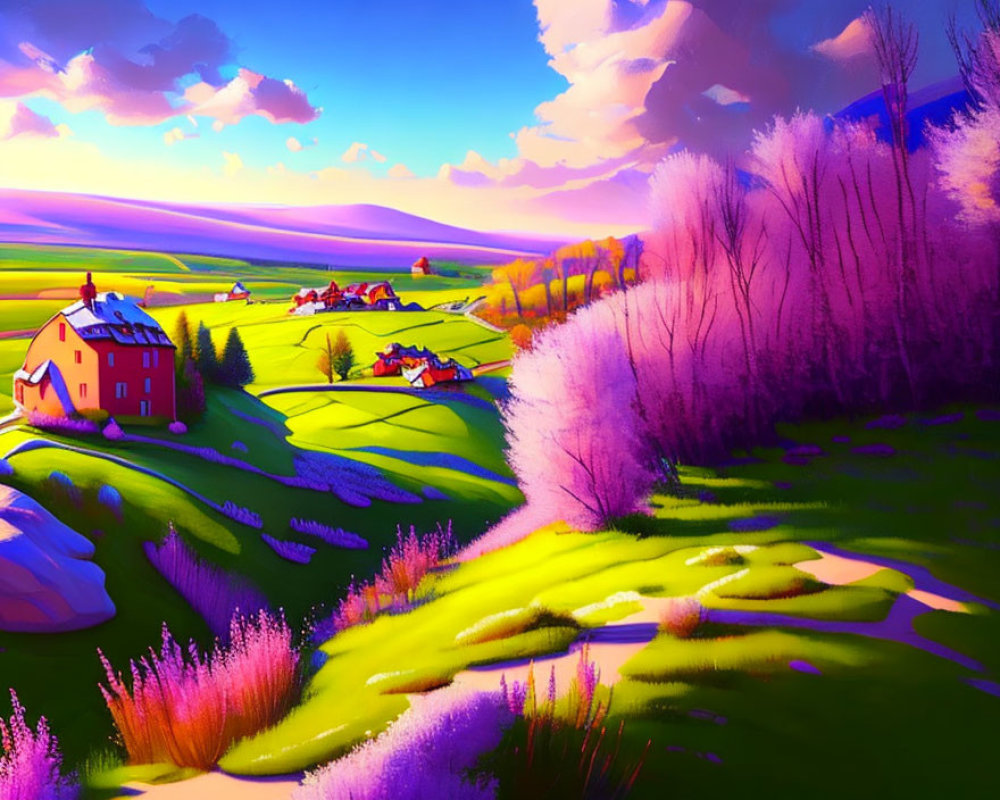 Colorful Landscape with Green Hills, Purple Trees, and Bright Sky