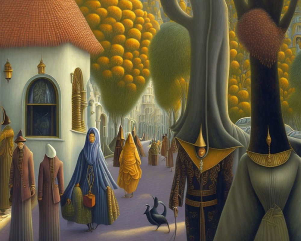 Surreal artwork: People in cloaks, peacock, and oversized fruits in town