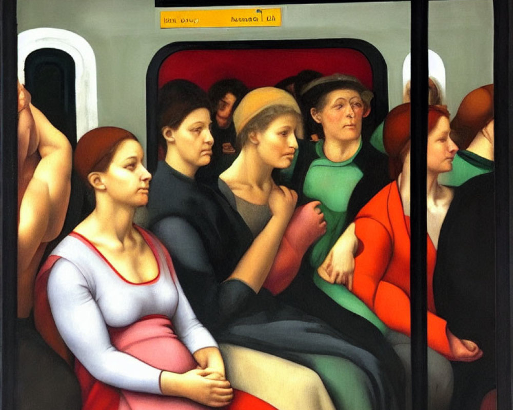 Vibrant painting depicts crowded subway car scene