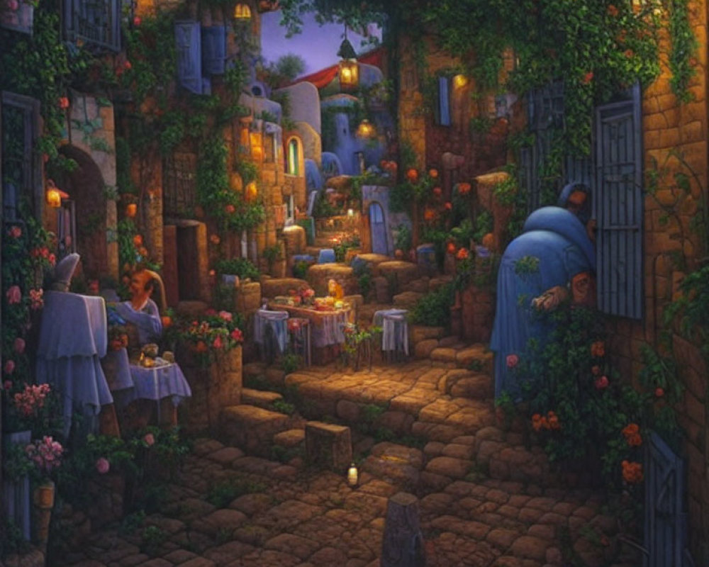 Cobblestone alley at dusk with outdoor dining and glowing lights