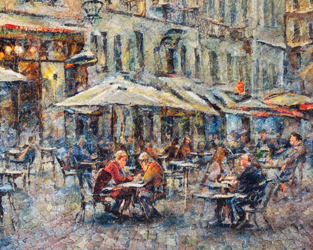 Impressionist-style painting of bustling street cafe scene