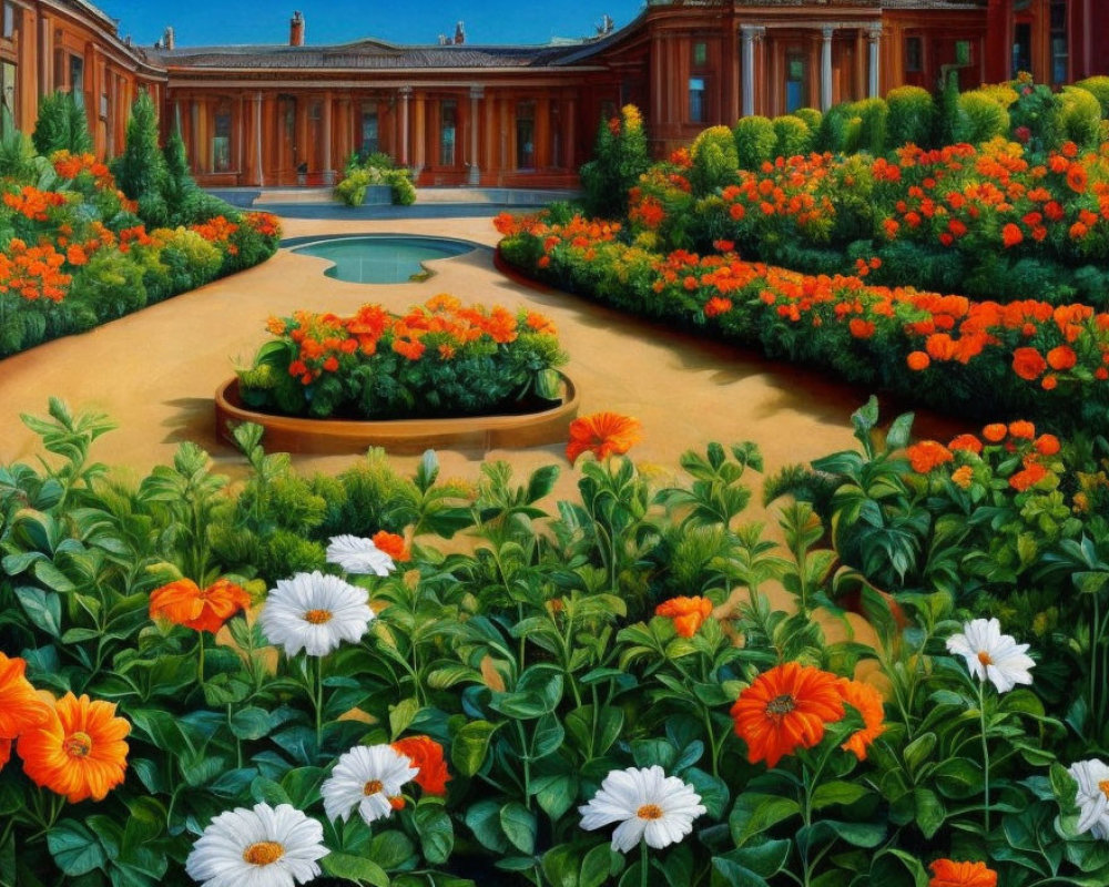 Symmetrical formal garden painting with lush flowers and fountain