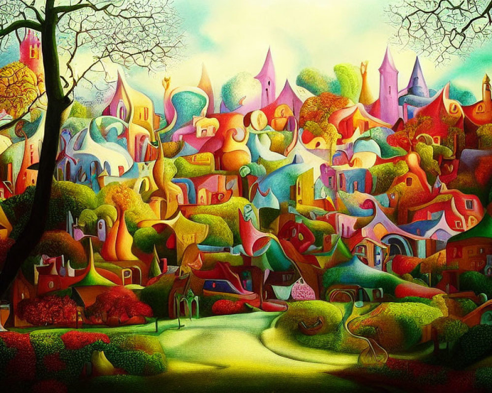 Colorful surreal landscape painting with swirling hills and whimsical trees