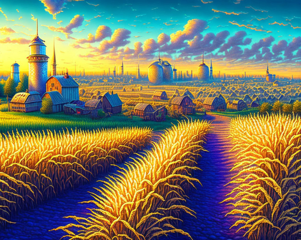 Golden wheat fields and farmhouses in rural sunset landscape with windmill and spherical structures.