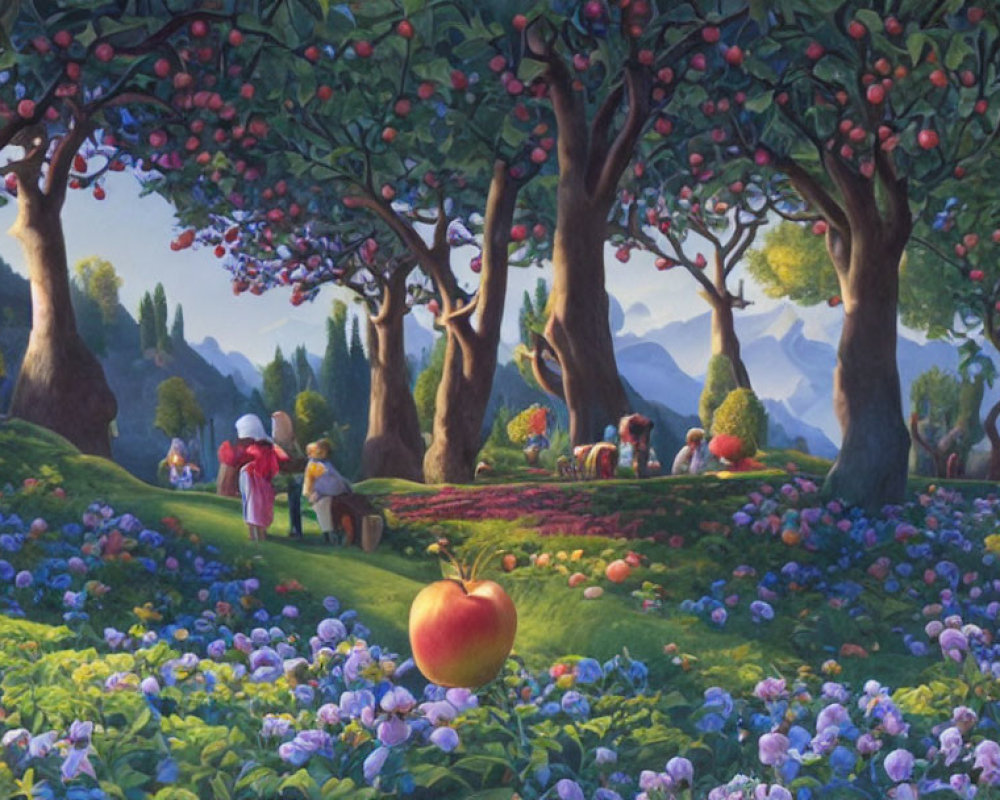 Idyllic orchard scene with people picking apples and abundant flowers