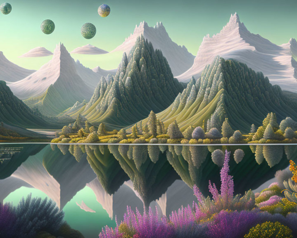 Snowy Peaks and Tranquil Lake with Floating Spheres in Lush Landscape