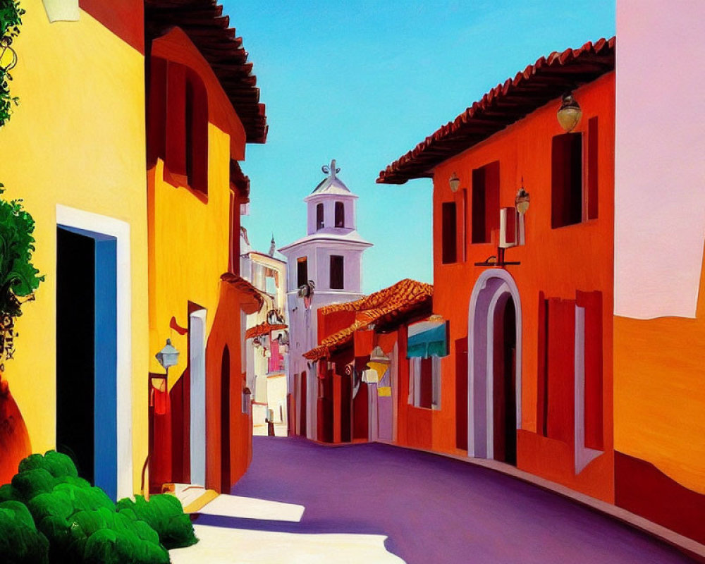 Vibrant street scene with colorful buildings and bell tower