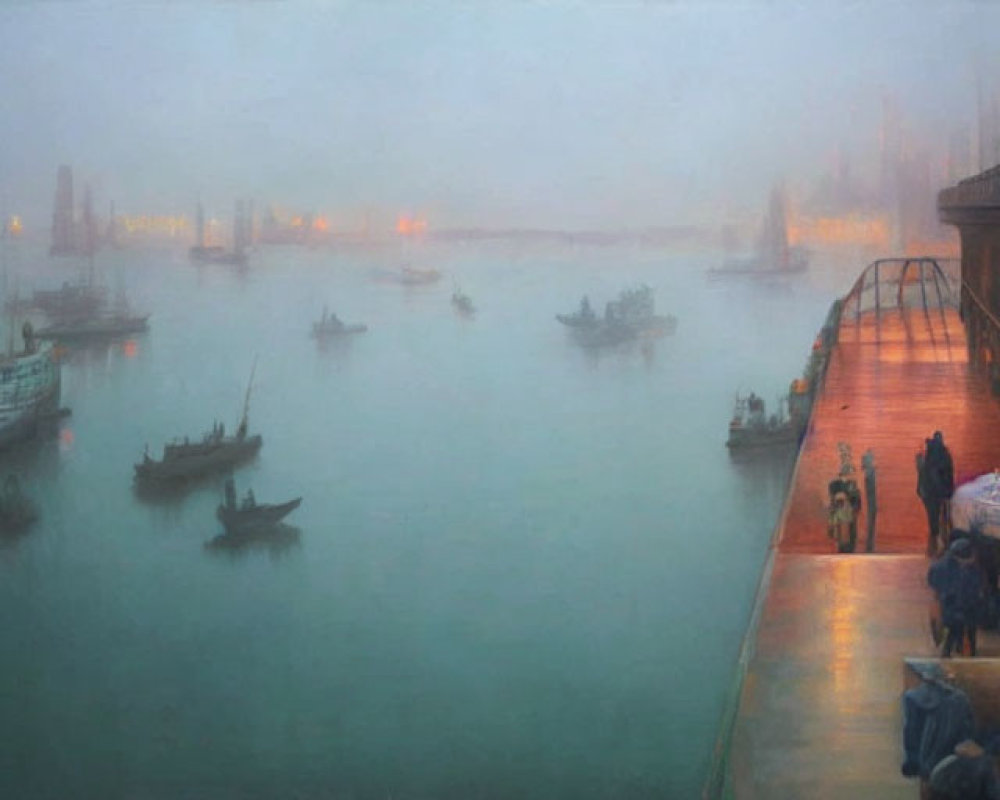 Foggy harbor scene at dusk with boats, people, and glowing lights