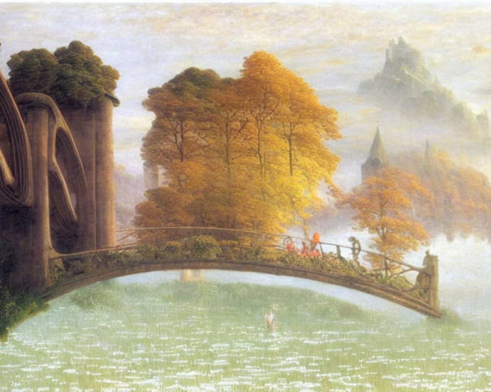 Tranquil landscape with stone bridge, autumn tree, misty background, and distant castle