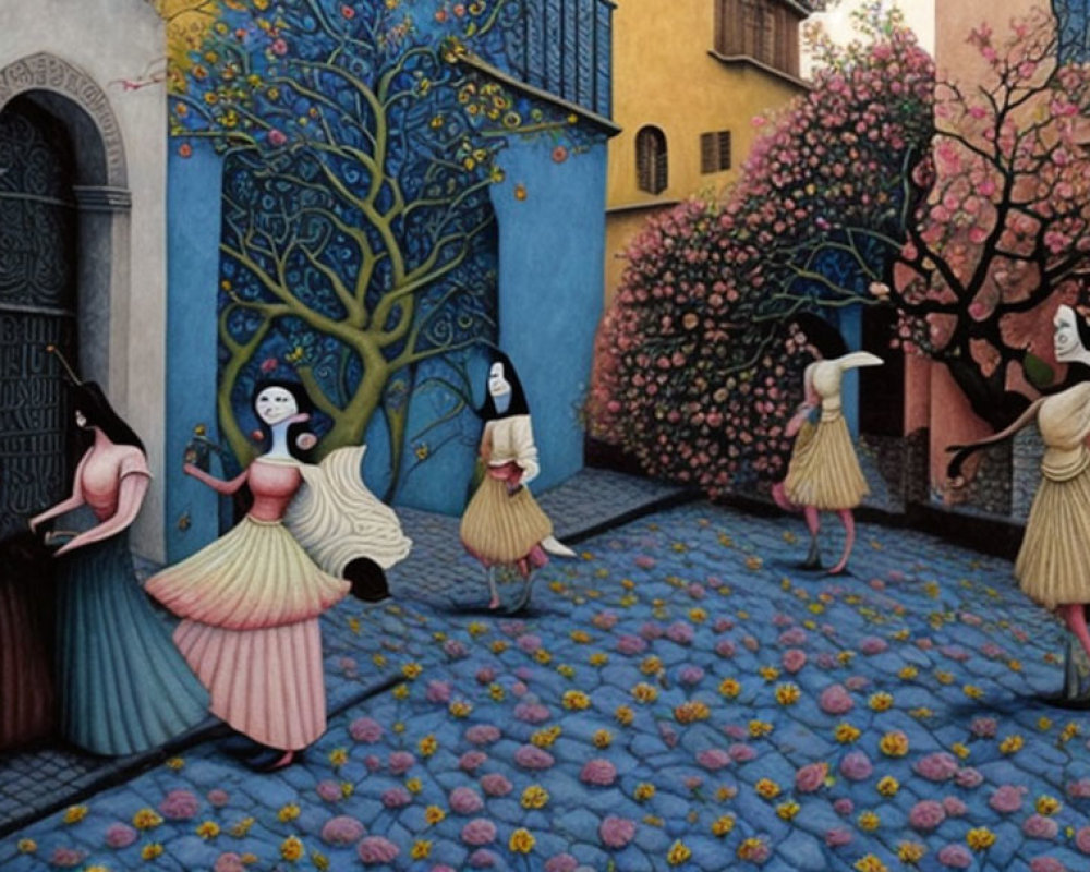 Whimsical painting of women dancing on cobblestone street