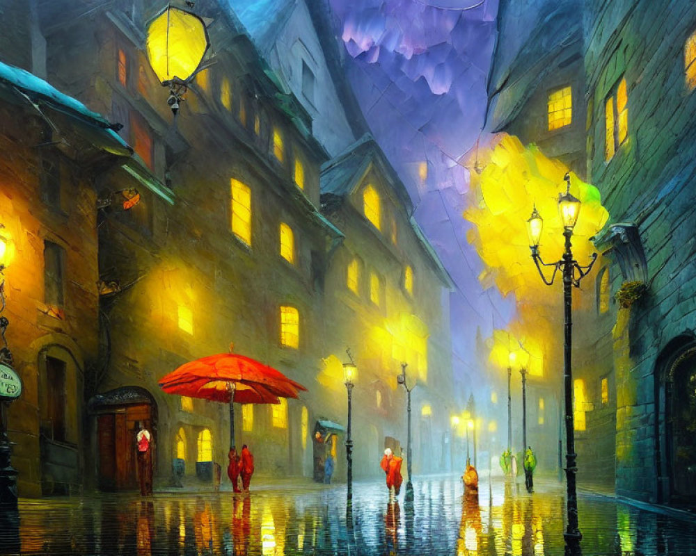 Colorful painting of rainy evening street scene with glowing lamps and umbrellas.