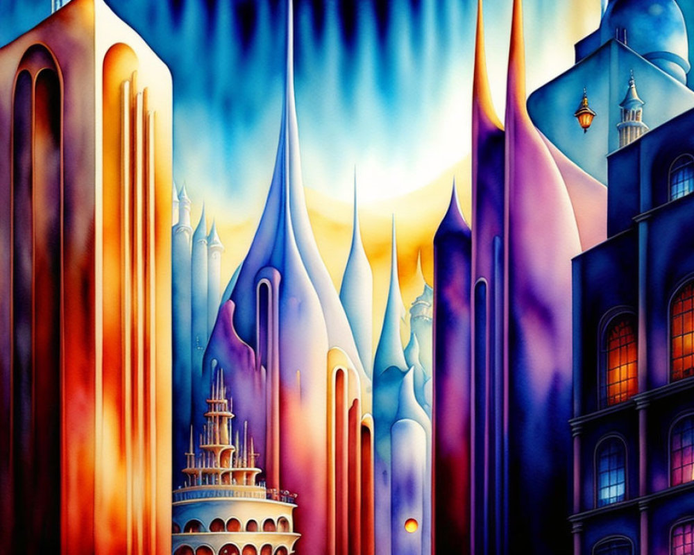 Vibrant painting of fantastical cityscape with pointed spires.