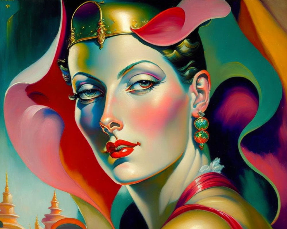 Colorful surreal portrait of woman with exaggerated features and jewel accessories.