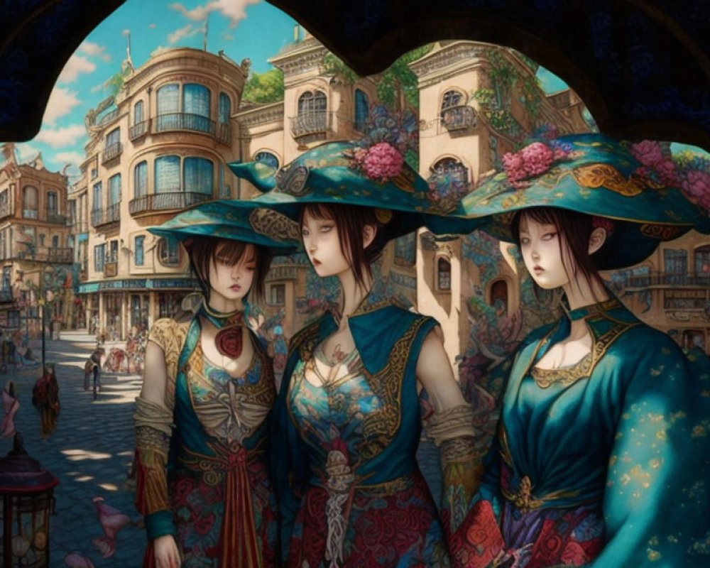 Elegantly dressed women in wide-brimmed hats on vintage street scene