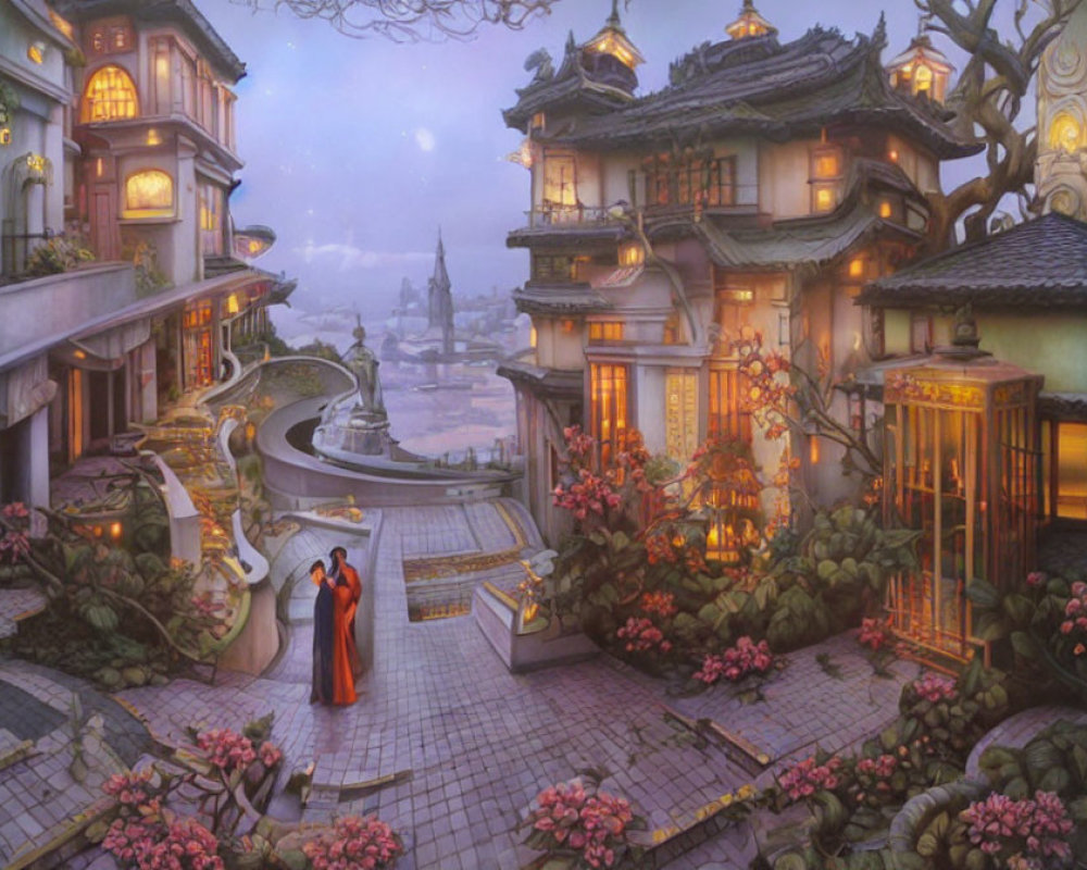 Fantastical Asian-inspired village at twilight with ornate buildings and figures in traditional attire