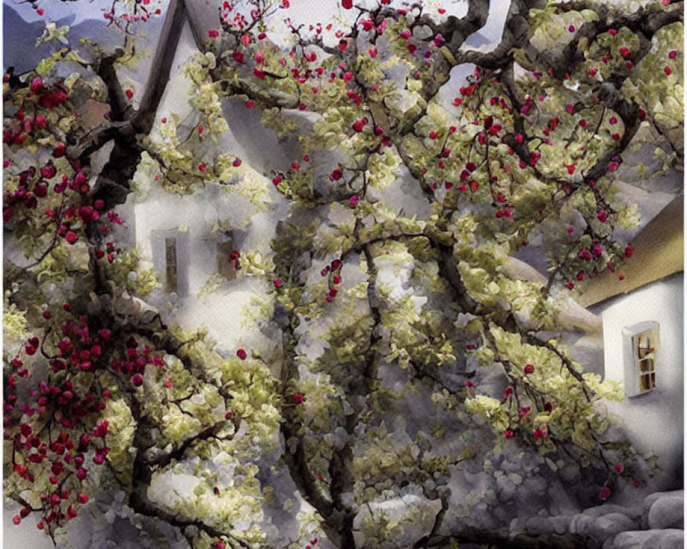 Blossoming tree with red and white flowers in front of a quaint house