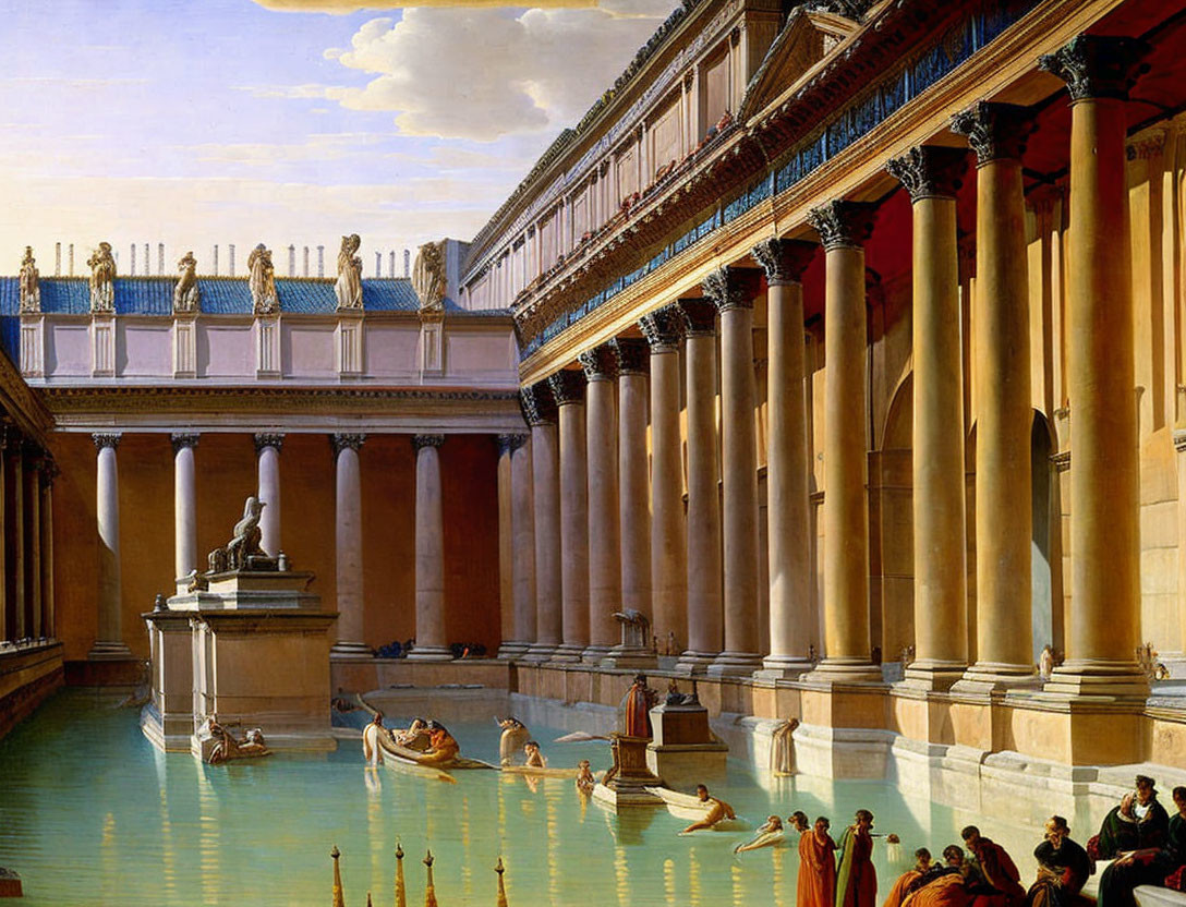 Ancient Roman bathhouse with columns, statues, and togas by aquamarine waters