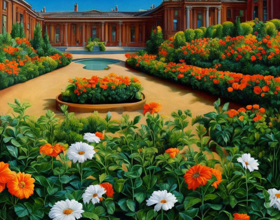 Symmetrical formal garden painting with lush flowers and fountain