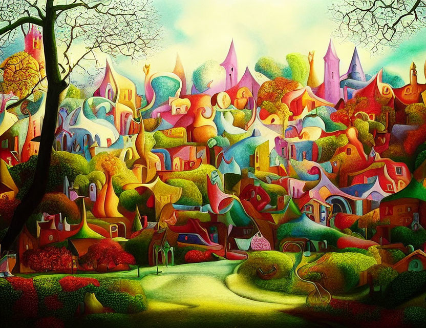 Colorful surreal landscape painting with swirling hills and whimsical trees