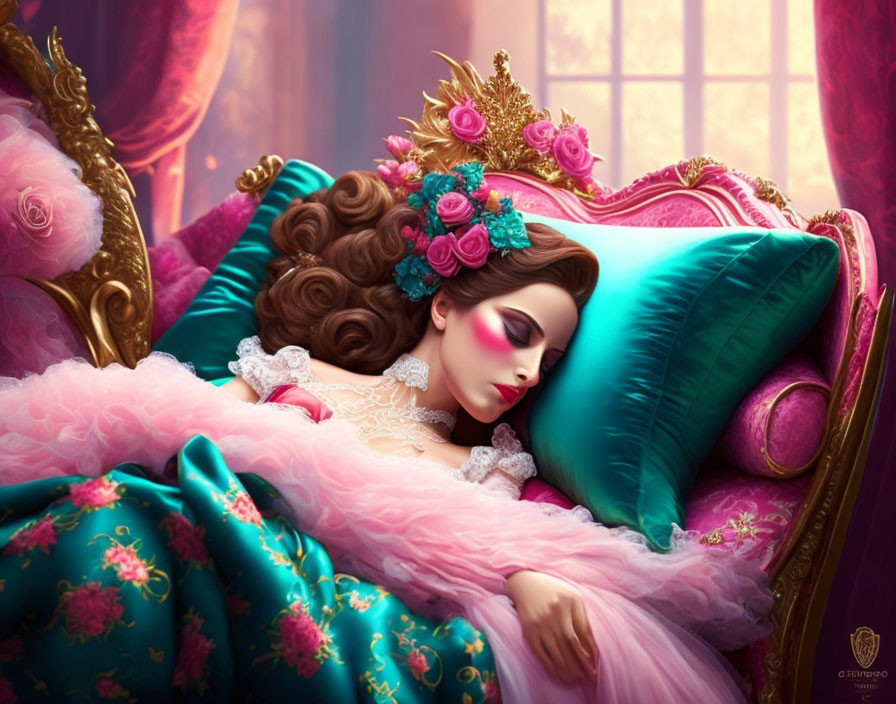 Elaborate historical dress woman sleeping on ornate couch