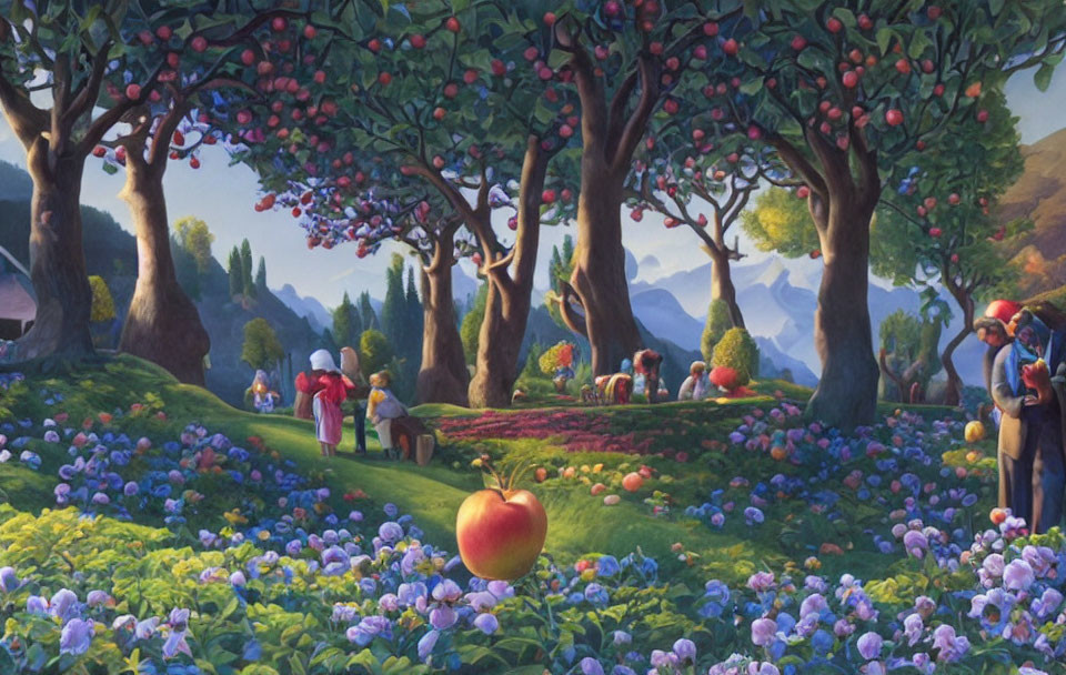 Idyllic orchard scene with people picking apples and abundant flowers