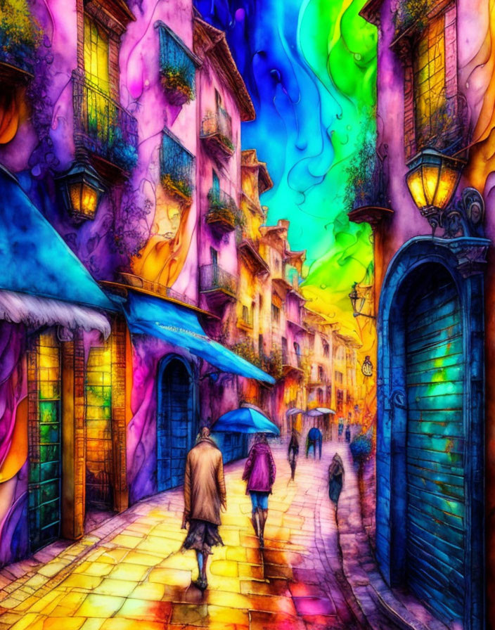 Colorful street scene: whimsical buildings, swirling sky, people with umbrellas