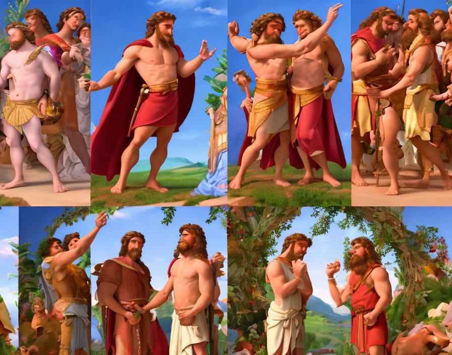 Four-panel classical attire male characters interact in pastoral setting