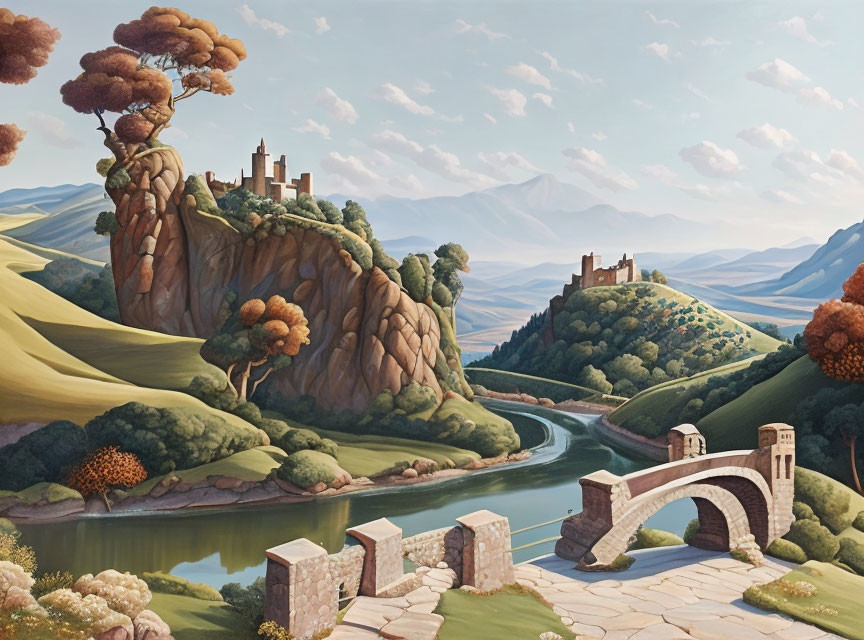 Fantasy landscape with castle, river, bridge & mountains