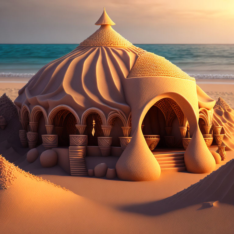 Intricately sculpted sandcastle with domes and arches on beach at sunset