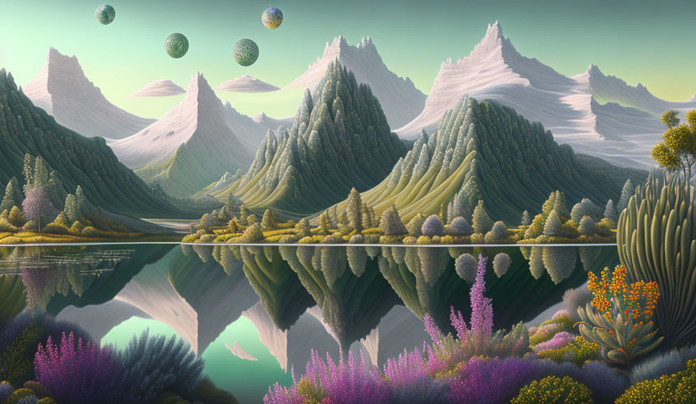 Snowy Peaks and Tranquil Lake with Floating Spheres in Lush Landscape