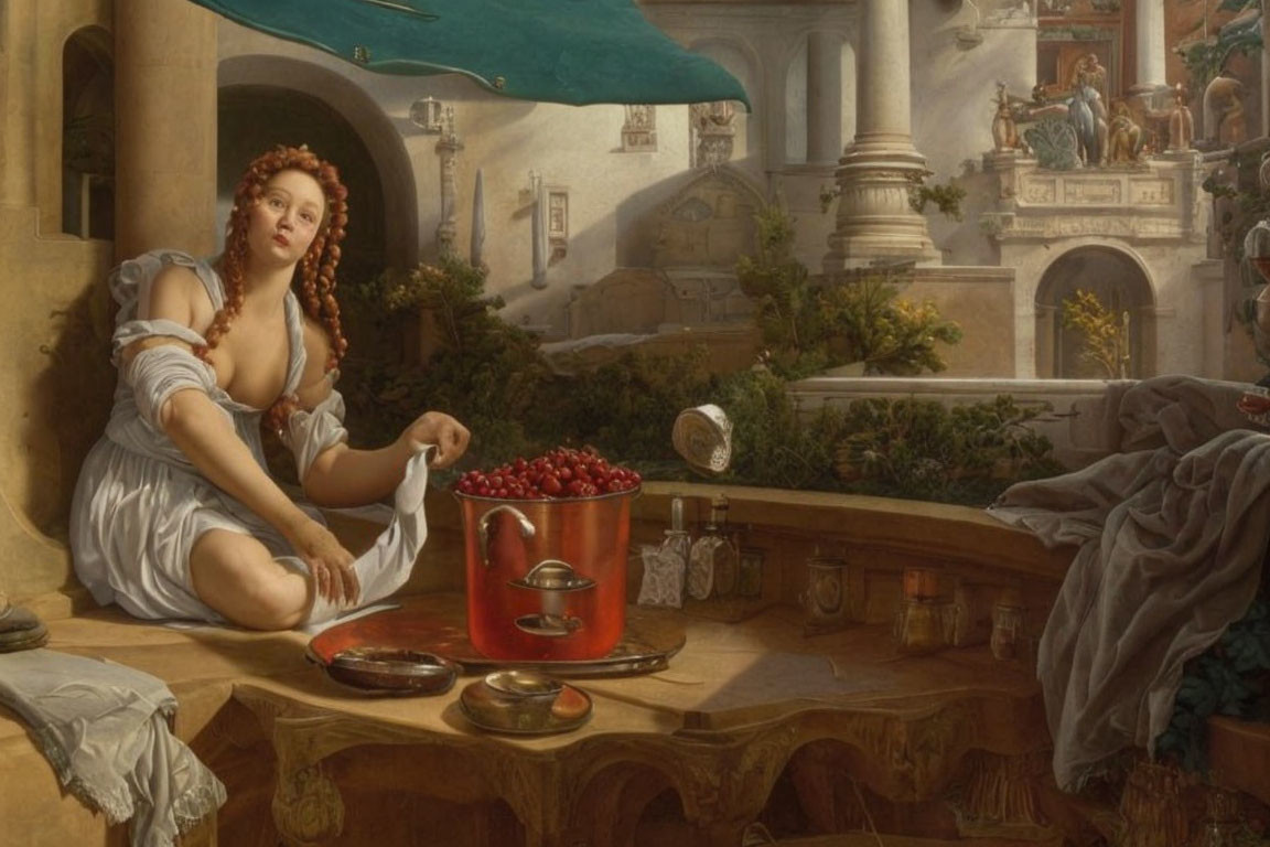 Classic Painting: Woman with Red Hair by Stone Basin and Strawberries