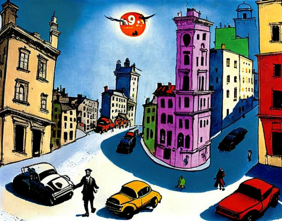 Vibrant urban street scene with distorted buildings, cars, and people under a smiling moon