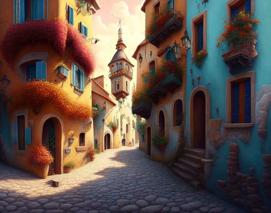 Colorful cobblestone street with flowery buildings and tower under warm light